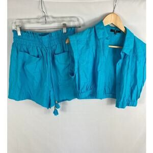7 for All Mankind Linen Blend Blue Shorts and Button Up Crop top Set XS